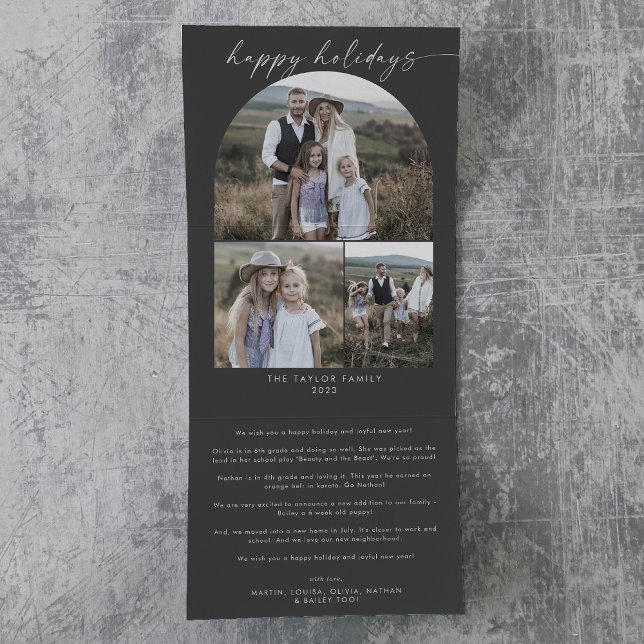 Modern Boho Arch Gray Happy Holidays Photo Collage Tri-Fold Holiday Card (Creator Uploaded)