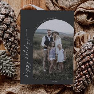 Modern Boho Arch Gray Happy Holidays Photo Holiday Card