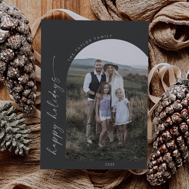 Modern Boho Arch | Gray Happy Holidays Photo Holiday Card (Creator Uploaded)