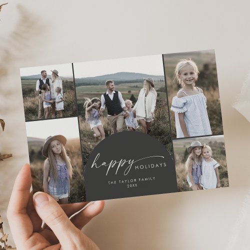 Modern Boho Arch  Gray Multi Photo Family Holiday Card