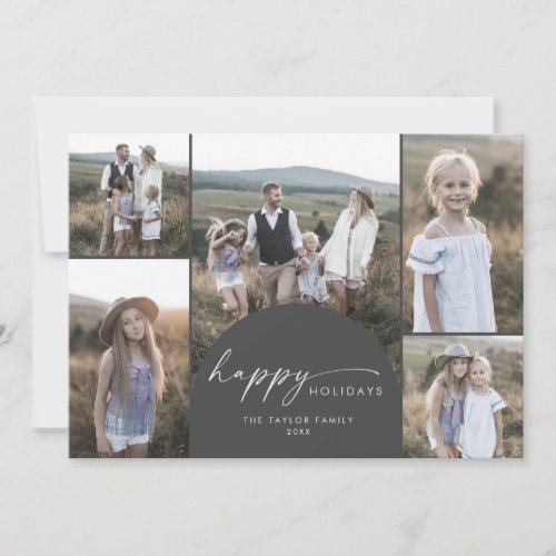 Modern Boho Arch  Gray Multi Photo Family News Holiday Card