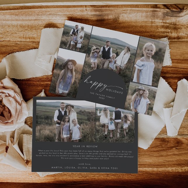 Modern Boho Arch | Gray Multi Photo Family News Holiday Card (Creator Uploaded)