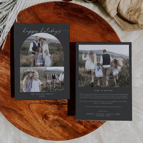Modern Boho Arch  Gray Photo Collage Family Holiday Card