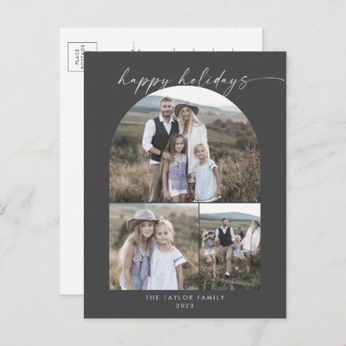 Modern Boho Arch  Gray Photo Collage Family Holiday Postcard