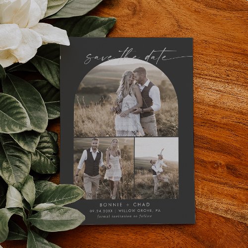 Modern Boho Arch  Gray Photo Collage Save The Date