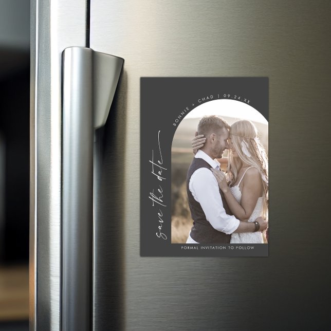 Modern Boho Arch Gray Wedding Photo Save the Date Magnetic Invitation (Creator Uploaded)