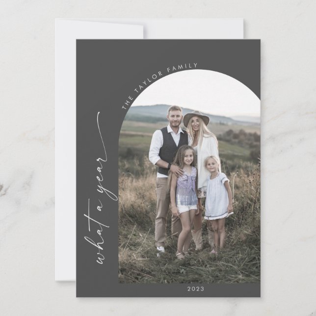 Modern Boho Arch | Gray What A Year Photo Holiday Card (Front)