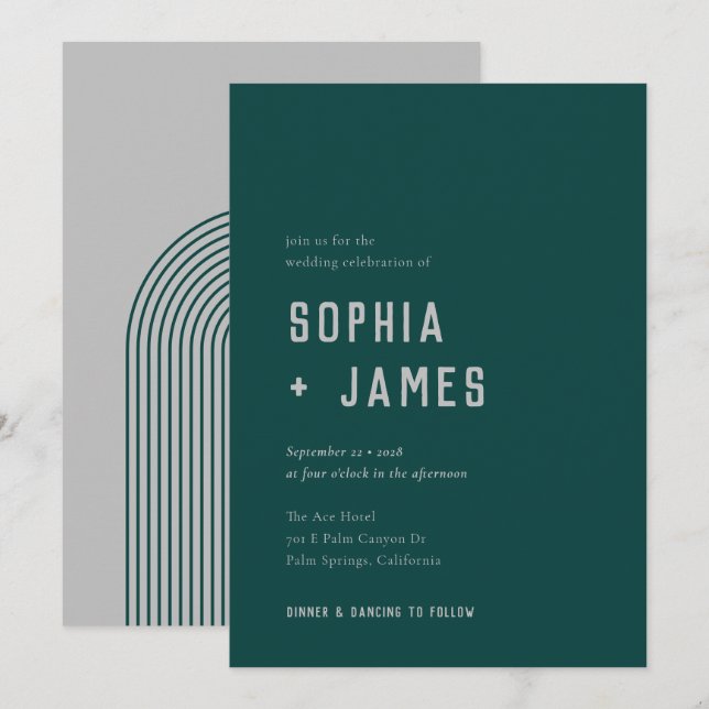 Modern Boho Arch Green Gray Typography Wedding  Invitation (Front/Back)