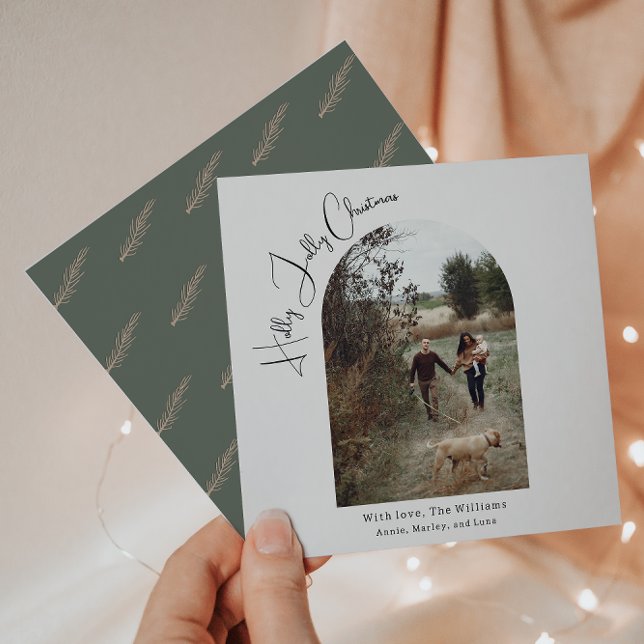 Modern Boho Arch Green Holly Jolly Christmas Photo Holiday Card (Creator Uploaded)