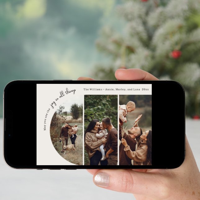 Modern Boho Arch Green Joy In All Things 3 Photo Holiday Card (Front Digital)