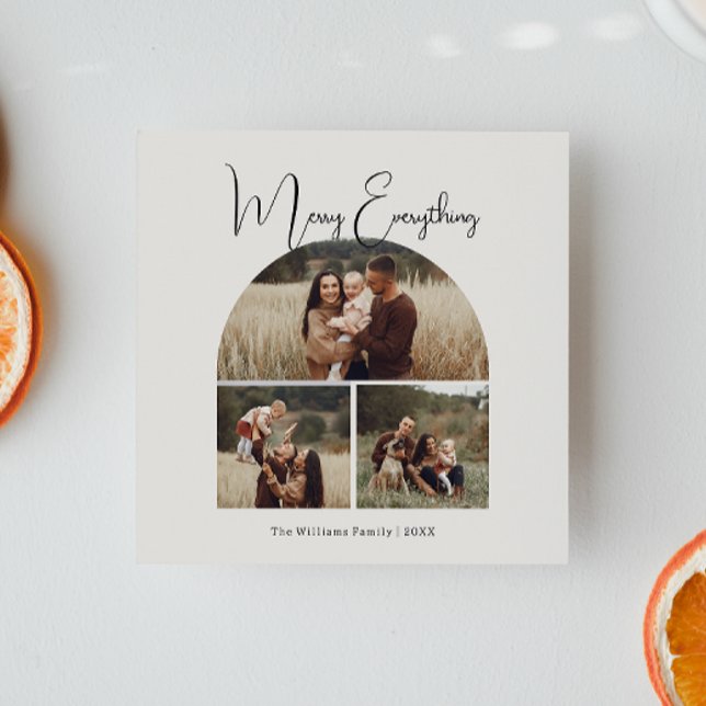 Modern Boho Arch Green Merry Everything 3 Photo Holiday Card (Creator Uploaded)