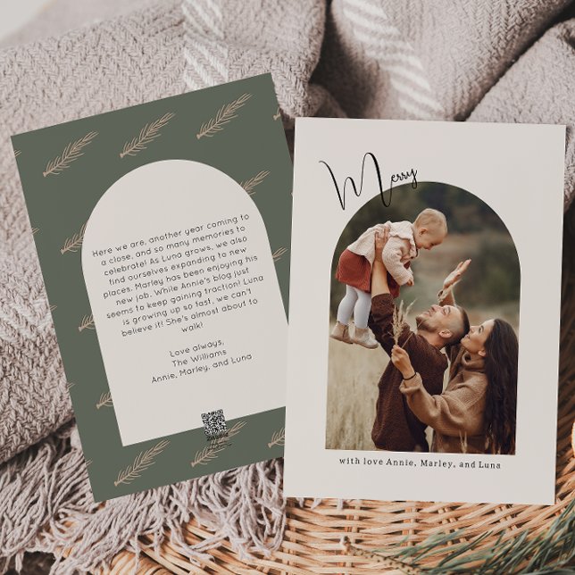 Modern Boho Arch Green Merry One Photo Holiday Card (Creator Uploaded)