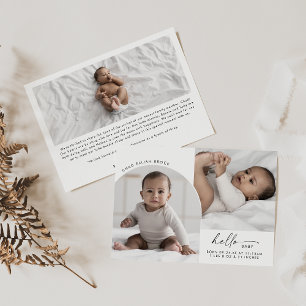 Modern Boho Arch Hello Baby 3 Photo Birth Announcement