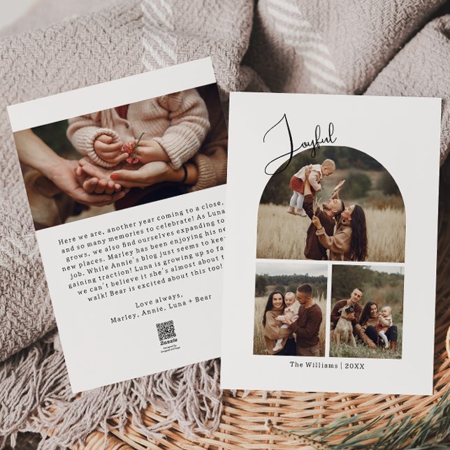 Modern Boho Arch Joyful Four Photo Christmas  Holiday Card (Creator Uploaded)