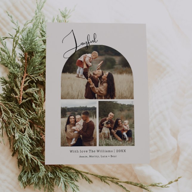 Modern Boho Arch Joyful Green 3 Photo Christmas  Holiday Card (Creator Uploaded)