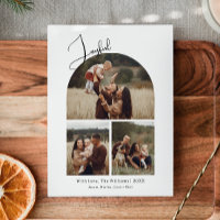 Modern Boho Arch Joyful Three Photo Christmas Holiday Card