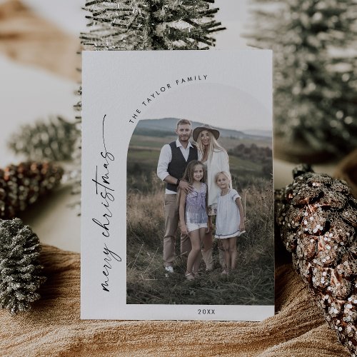 Modern Boho Arch Merry Christmas Family Photo Holiday Card