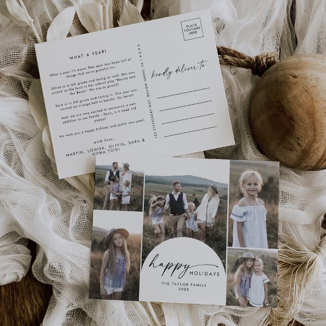 Modern Boho Arch Multi Photo Family News Holiday Postcard (Creator Uploaded)