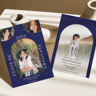 Modern boho arch navy blue 4 photo graduation invitation