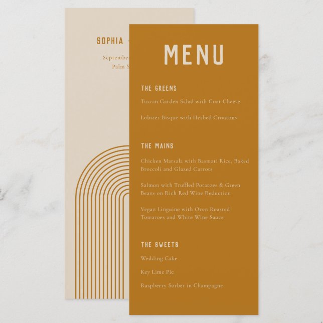 Modern Boho Arch Ochre Orange Typography Wedding Menu (Front/Back)