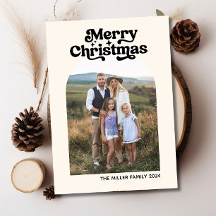 Modern Boho Arch One Family Photo Merry Christmas  Holiday Card
