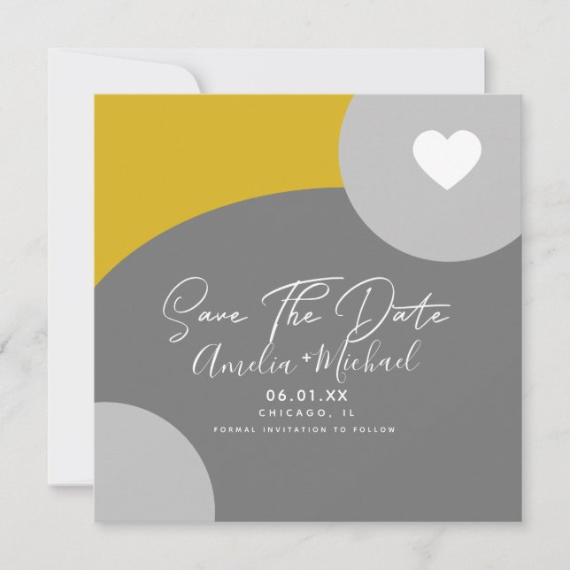 Modern Boho Arch Organic Gray Yellow Save the Date Card (Front)
