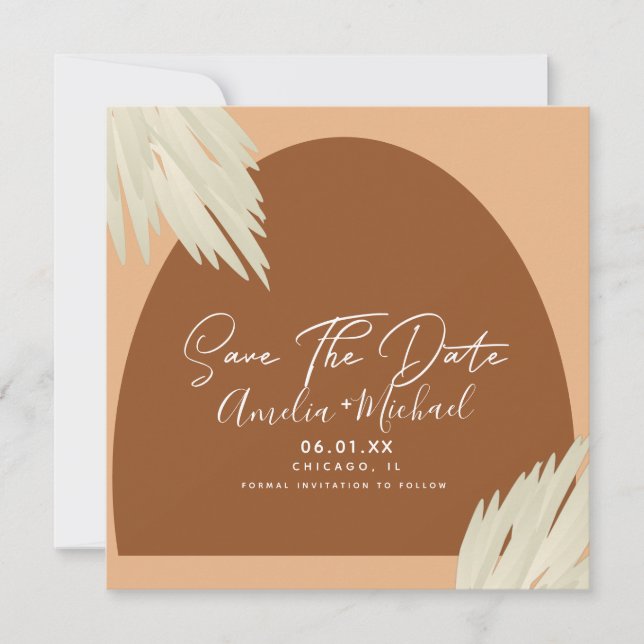 Modern Boho Arch Organic Shape Pampa Save the Date Card (Front)