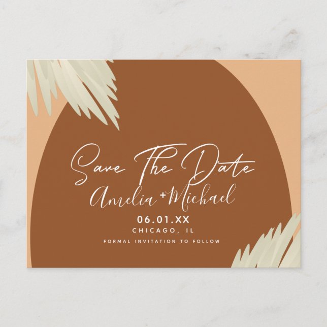 Modern Boho Arch Organic Shape Pampa Save the Date Postcard (Front)