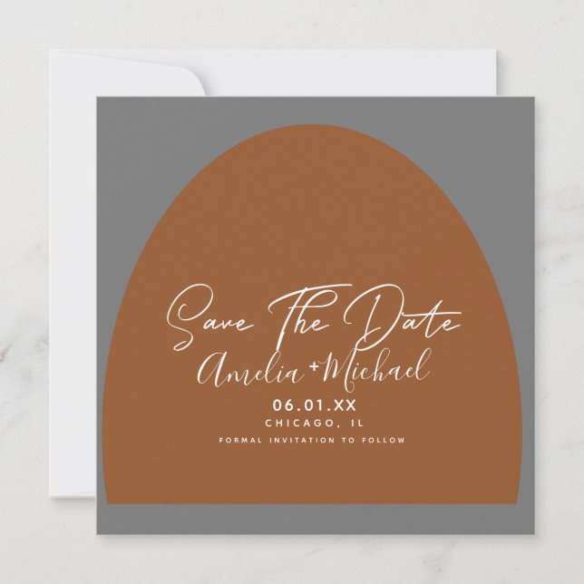 Modern Boho Arch Organic Shapes Gray Save the Date Card (Front)