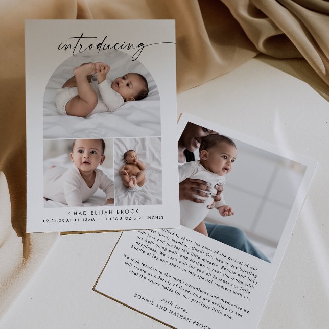 Modern Boho Arch Photo Collage Birth Announcement (Creator Uploaded)