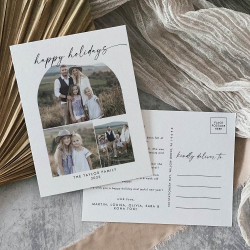 Modern Boho Arch Photo Collage Family Holiday Postcard