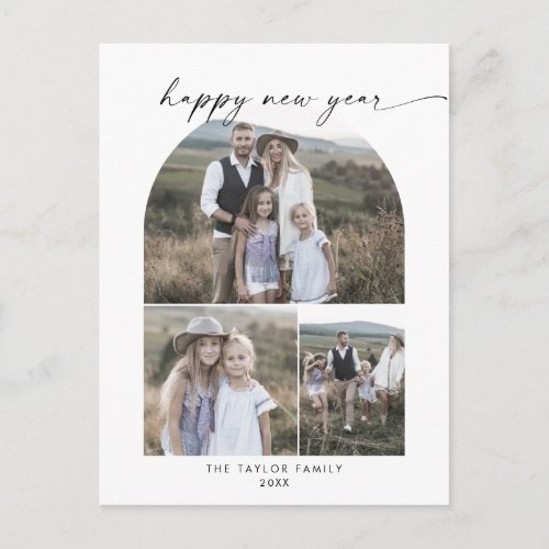 Modern Boho Arch Photo Collage Family New Years Holiday Postcard