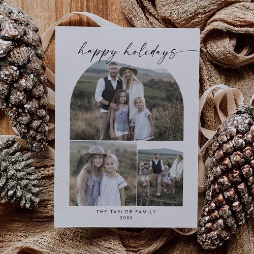 Modern Boho Arch Photo Collage Happy Holidays Holiday Card