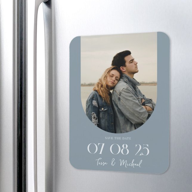 Modern Boho Arch Photo Dusty Blue Save the Date Magnet (Creator Uploaded)