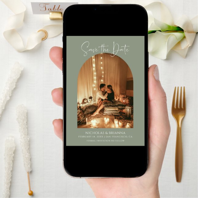 Modern Boho Arch Photo Sage Green Simple Wedding Save The Date (Front Digital)