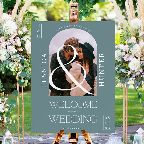 Modern boho arch photo wedding dusty blue welcome foam board