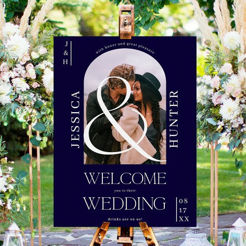 Modern boho arch photo wedding navy blue welcome foam board