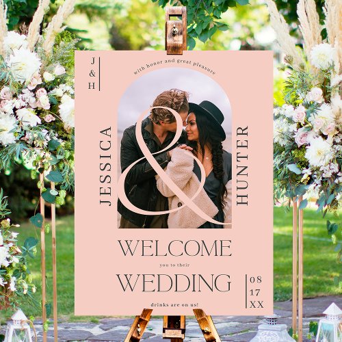 Modern boho arch photo wedding pale pink welcome foam board