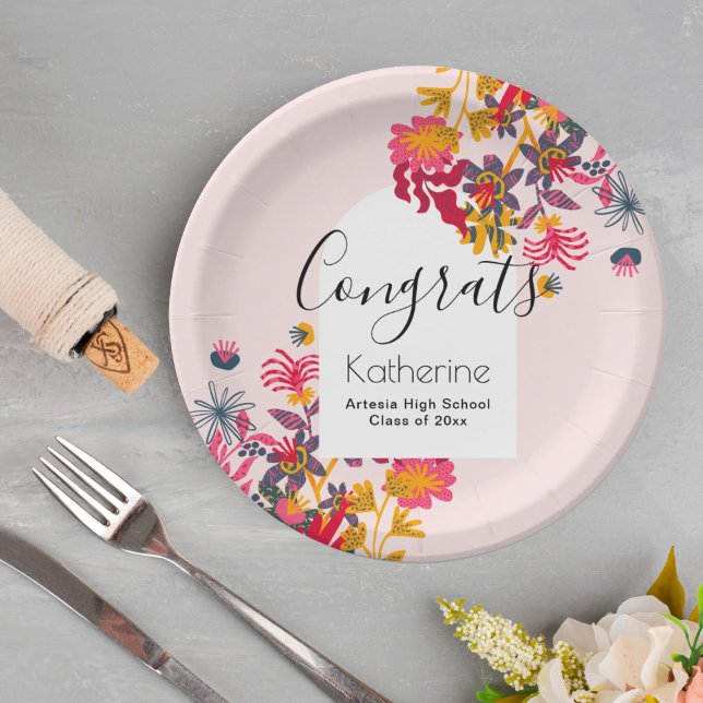 Modern Boho Arch Pink Floral Graduation Party Paper Plates (Creator Uploaded)