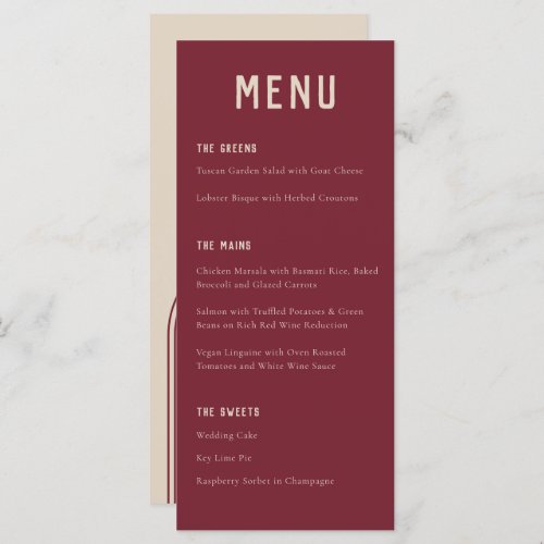 Modern Boho Arch Red Beige Typography Wedding Menu