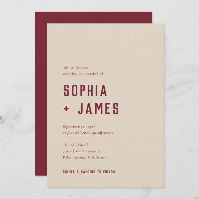 Modern Boho Arch Red Cream Typography Wedding Invitation (Front/Back)