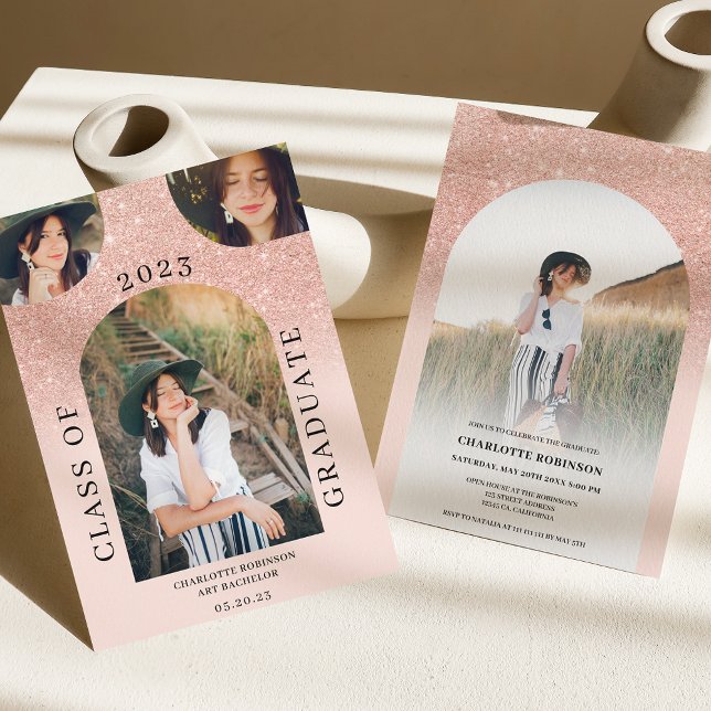 Modern boho arch rose gold pink 4 photo graduation invitation (Creator Uploaded)