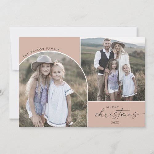 Modern Boho Arch Salmon 3 Family Photos Christmas Holiday Card