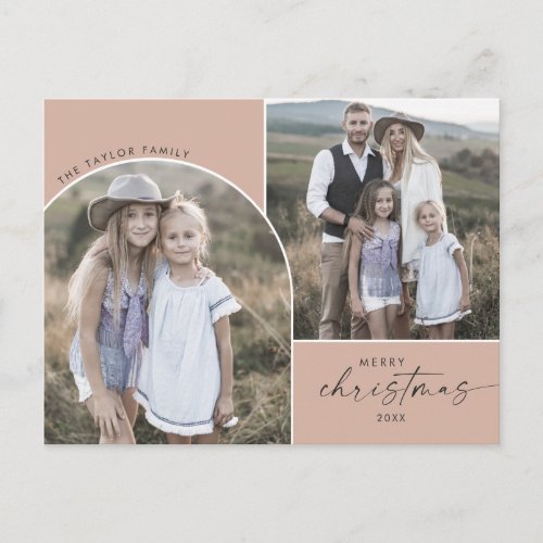 Modern Boho Arch Salmon 3 Family Photos Christmas Holiday Postcard