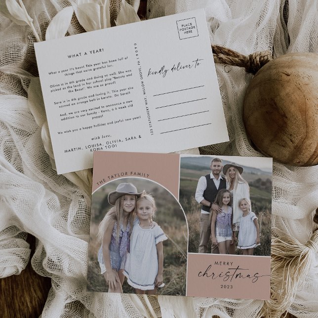 Modern Boho Arch Salmon 3 Family Photos Christmas Holiday Postcard (Creator Uploaded)