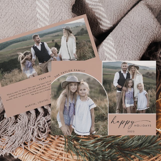 Modern Boho Arch | Salmon 3 Family Photos Holiday Card (Creator Uploaded)