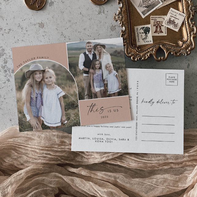 Modern Boho Arch Salmon 3 Family Photos This Is Us Holiday Postcard (Creator Uploaded)