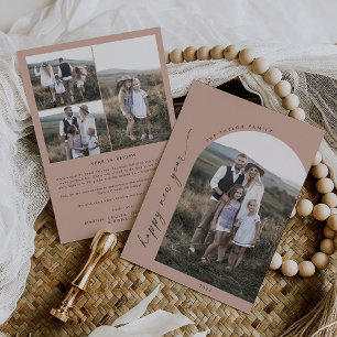 Modern Boho Arch Salmon Happy New Year Photo Holiday Card