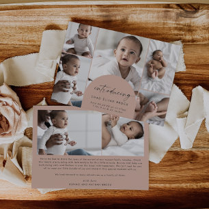 Modern Boho Arch Salmon Multi Photo Birth Announcement