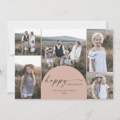 Modern Boho Arch  Salmon Multi Photo Family News Holiday Card